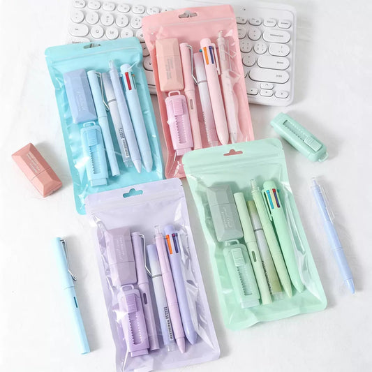 Pastel Stationery Set, 6pcs School Supplies Kit with Pens, Eraser, Correction Tape, for Students & Office