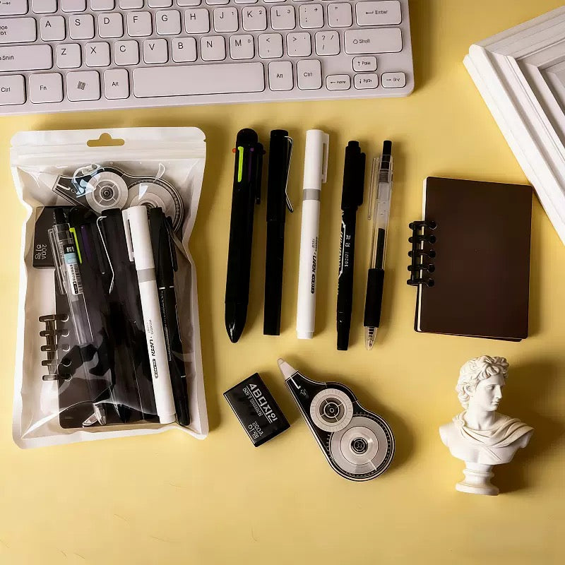 Black Aesthetic Stationery Set, 8pcs Minimalist School Supplies Kit with Pens, Correction Tape, Eraser
