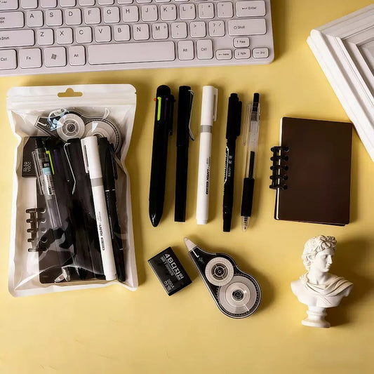 Black Aesthetic Stationery Set, 8pcs Minimalist School Supplies Kit with Pens, Correction Tape, Eraser